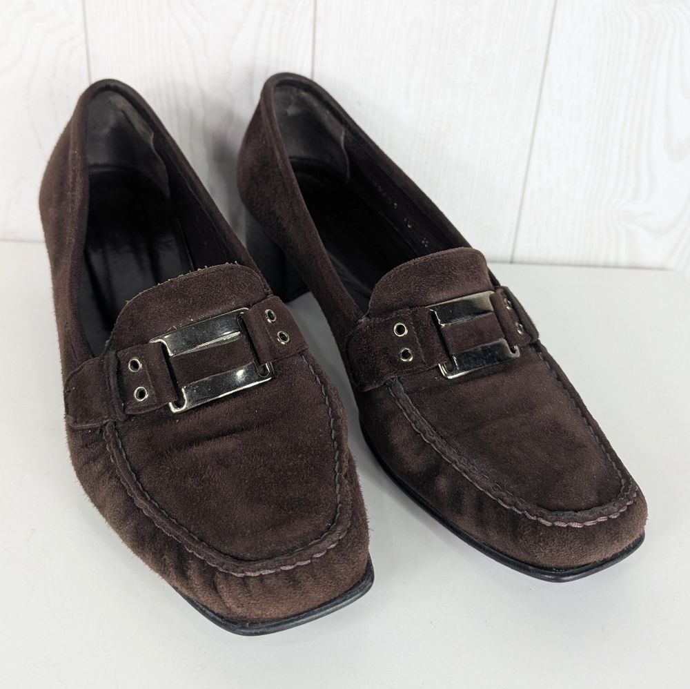 Vintage Stuart Weitzman Brown Suede Leather Shoes Size 10 With Heel Silver Tone